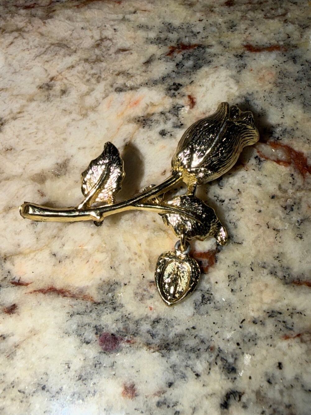 Gold-Tone Rose Brooch with Miraculous Medal Charm